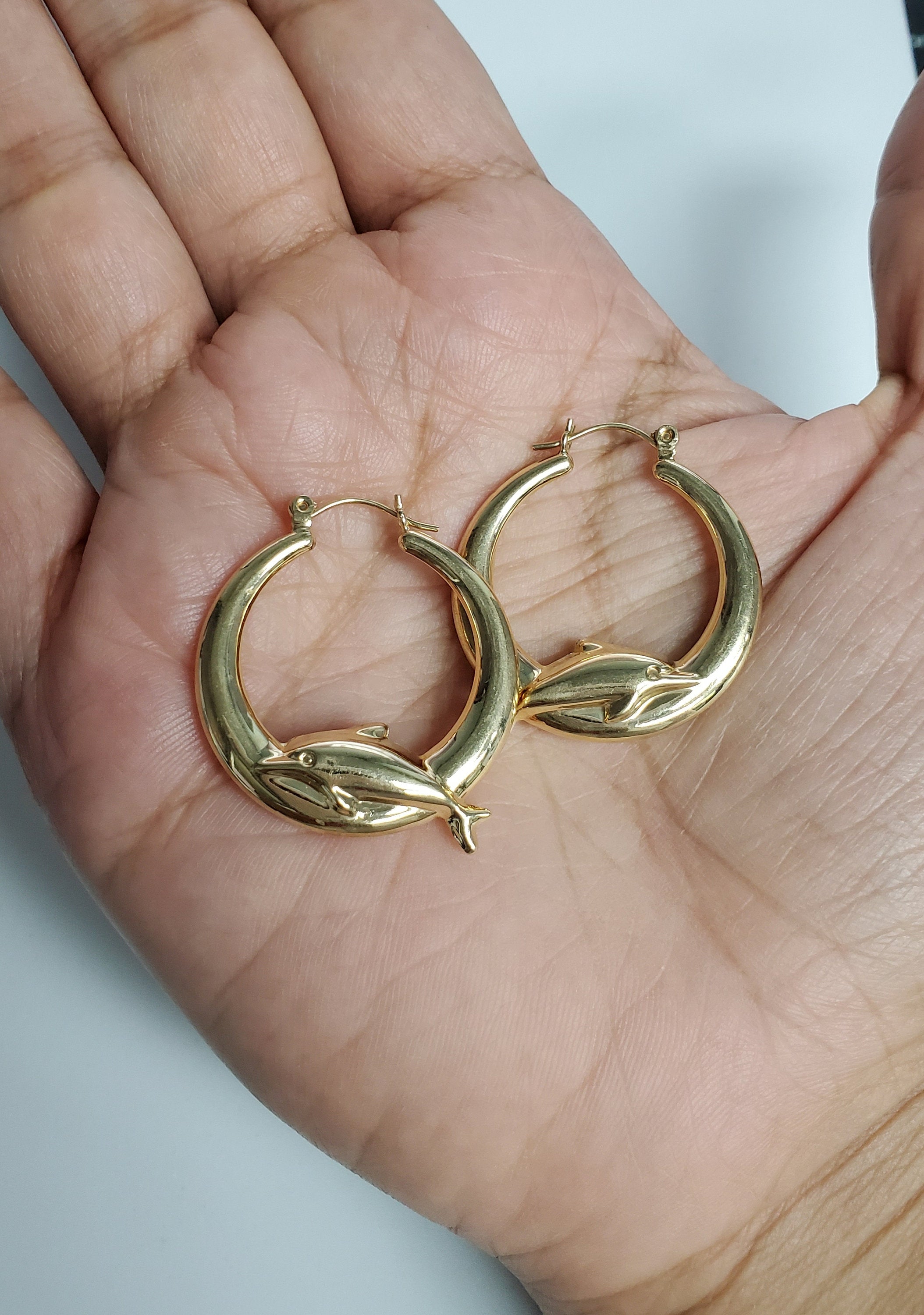 14K Yellow Gold Polished Dolphin Hoop Earrings - Elegant & Durable for Everyday Wear, Parties & Gifting