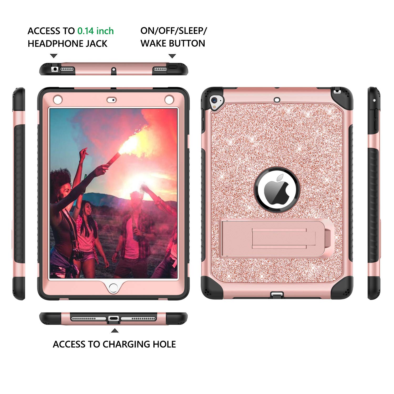 BENTOBEN Glitter Shockproof Case for iPad Air 2 / iPad 9.7 2017 2018 / iPad Pro 9.7 / iPad 5th 6th Generation - 3-Layer Full Body Protective Cover for Women Girls Kids (Rose Gold) - Perfect for School, Travel & Daily Use