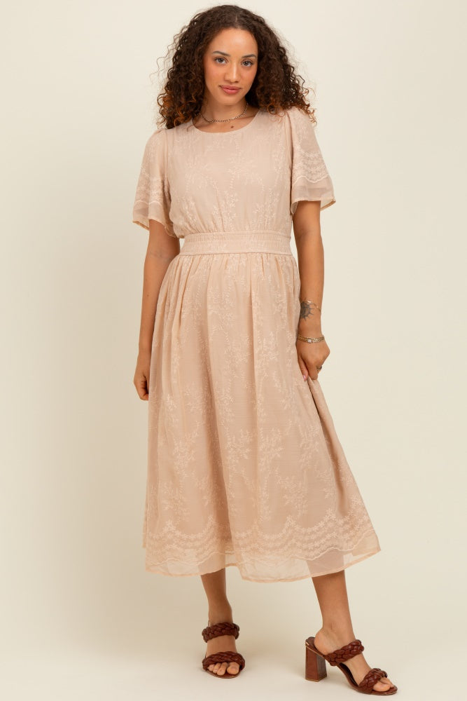 Beige Floral Embroidered Maternity Midi Dress for Pregnancy - Comfortable Stretchy Nursing Dress for Baby Shower, Maternity Photo Shoot & Special Occasions