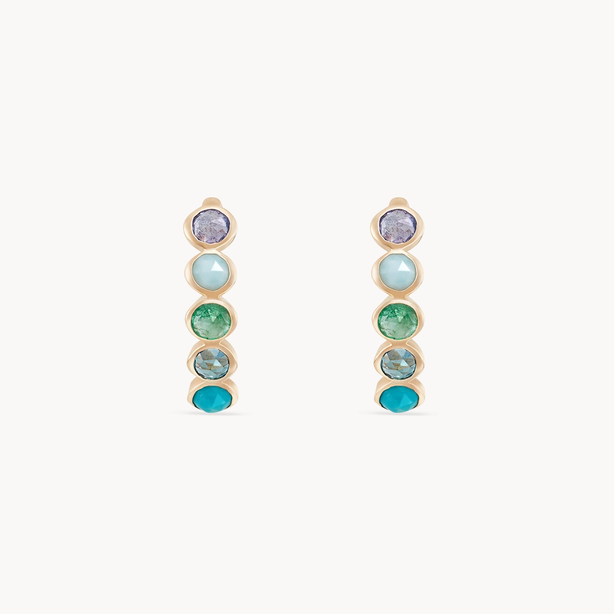 14K Yellow Gold Five Stone Mood Hoop Earrings with Tanzanite, Larimar, Emerald, London Blue Topaz & Turquoise | Coastal Nomad Jewelry for Beach Weddings, Boho Fashion & Everyday Elegance