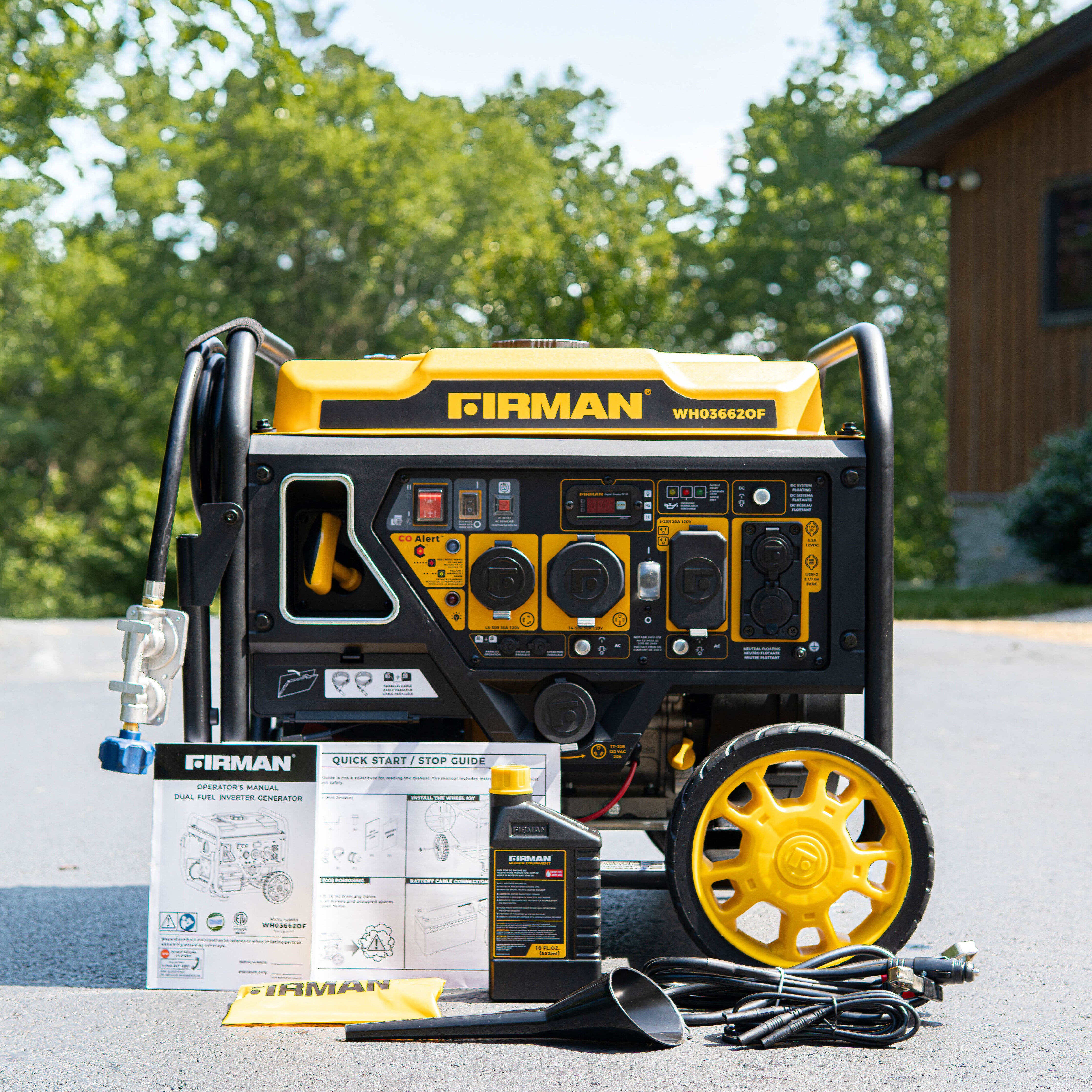Dual Fuel Open Frame Inverter Generator 4500W with Electric Start & CO Alert - Perfect for Camping, RV Trips, and Emergency Power Backup