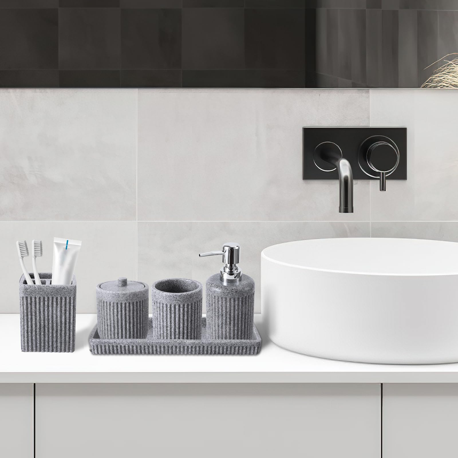 5-Piece Resin Grey Bathroom Accessories Set - Soap Dispenser, Toothbrush Holder, Tumbler, Q-Tip Holder & Vanity Tray | Modern Bathroom Countertop Organizer for Home & Apartment | Perfect for Guest Bathrooms, Master Suites & Small Space Organization