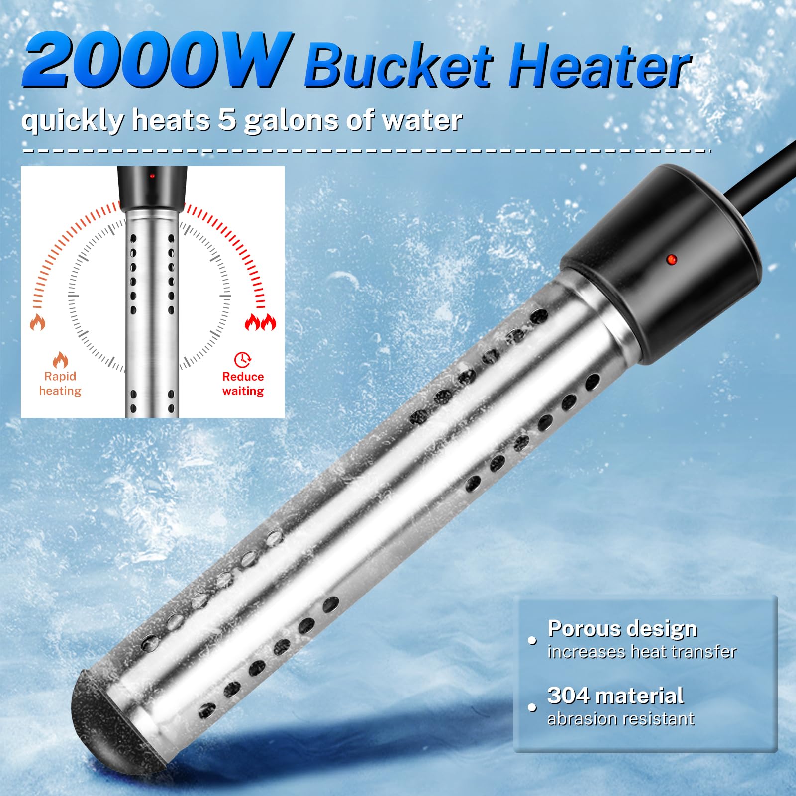 2000W Fast Heating Immersion Water Heater - Portable Electric Bucket Heater with Digital LCD Thermometer & 304 Stainless Steel Guard - Boils 5 Gallons in Minutes - Perfect for Bathtub, Camping, RV, and Emergency Hot Water Needs