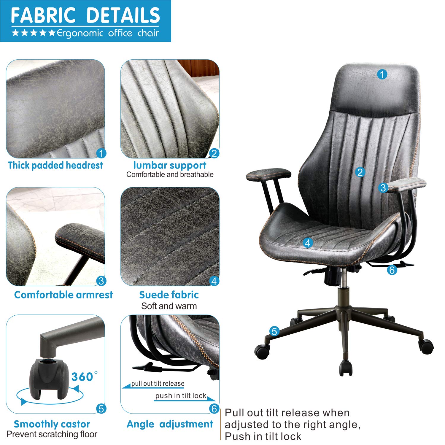 Ergonomic Office Chair with High Back & Lumbar Support - Modern Computer Desk Chair for Home or Executive Office - Adjustable Leather Executive Chair for Long Hours Sitting (Gray-Black) - Perfect for Home Office, Gaming Setup, and Professional Workspaces