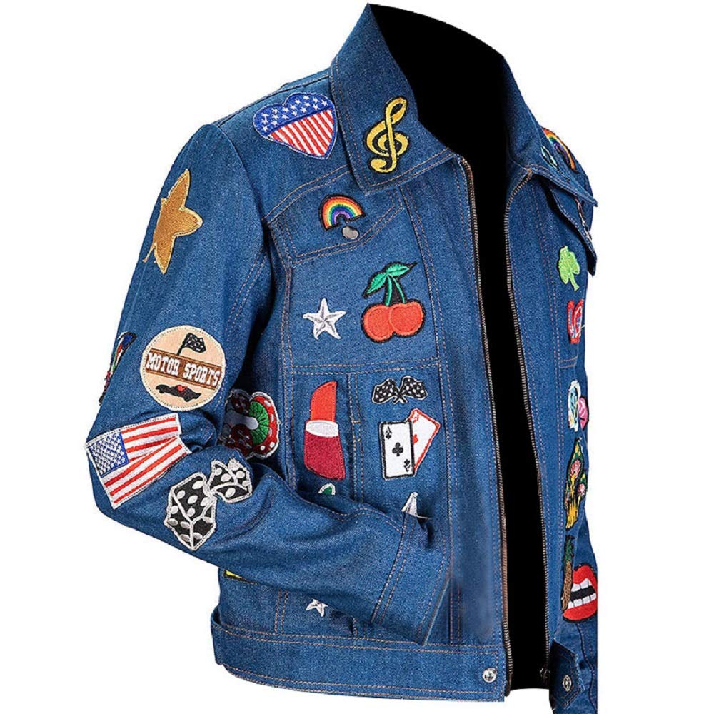 Men's Pop Rock Punk Style Denim Jacket with Multiple Patches - Vintage Blue Distressed Jean Jacket for Concerts, Festivals & Casual Streetwear
