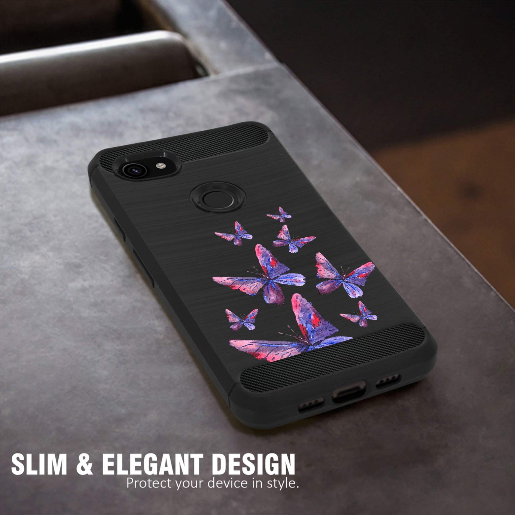Google Pixel 3A XL Case - Tribal Floral TPU Cover with Carbon Fiber Texture | Purple Butterfly Design for Daily Protection