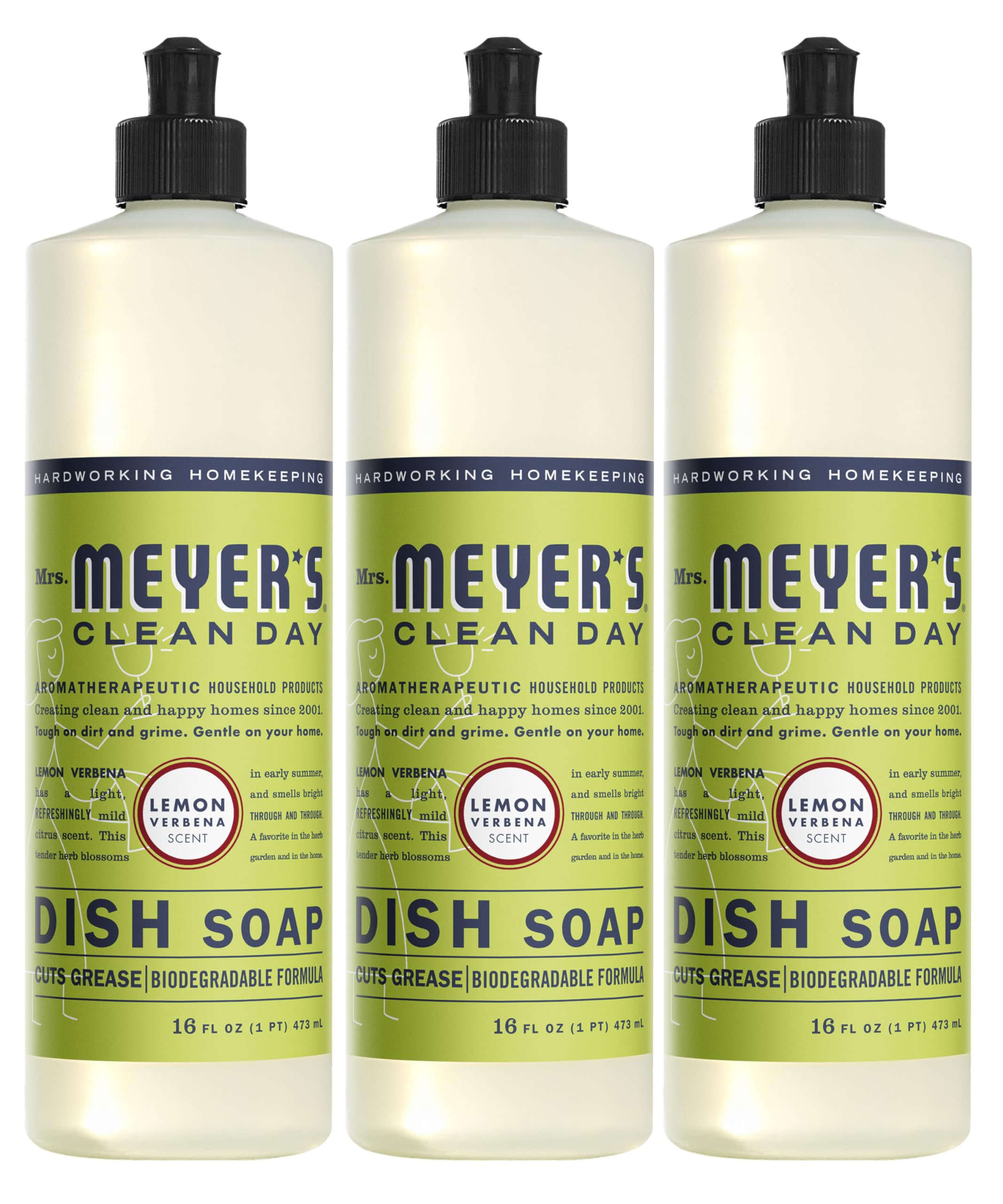 Mrs. Meyer's Clean Day Liquid Dish Soap - Biodegradable Lemon Verbena Scent (16 fl oz, Pack of 3) | Gentle on Hands, Tough on Grease - Perfect for Daily Dishwashing & Kitchen Cleaning