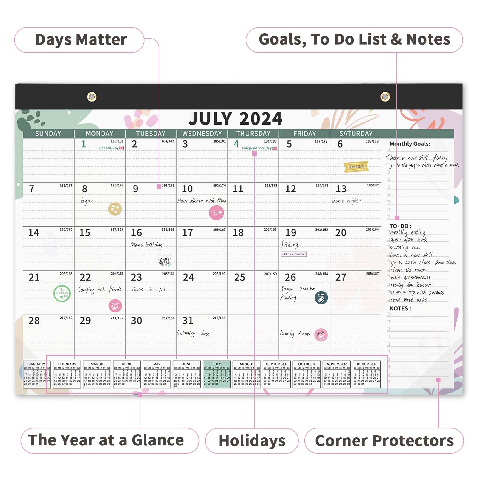 Ospelelf 2024-2025 Magnetic Wall Calendar - 18 Month Large Planner with Floral Design & Plastic Cover (17