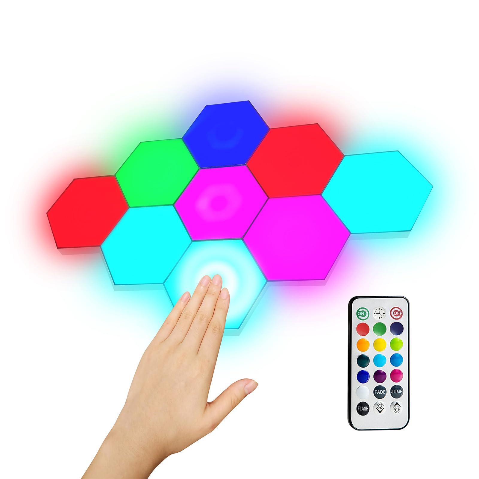 Hexagon LED Wall Lights - 9PCS RGB Color Changing Hexagonal Gaming Lights for Bedroom, DIY Geometric Wall Decor with USB Power - Perfect for Gaming Rooms, Home Theater & Modern Interior Lighting