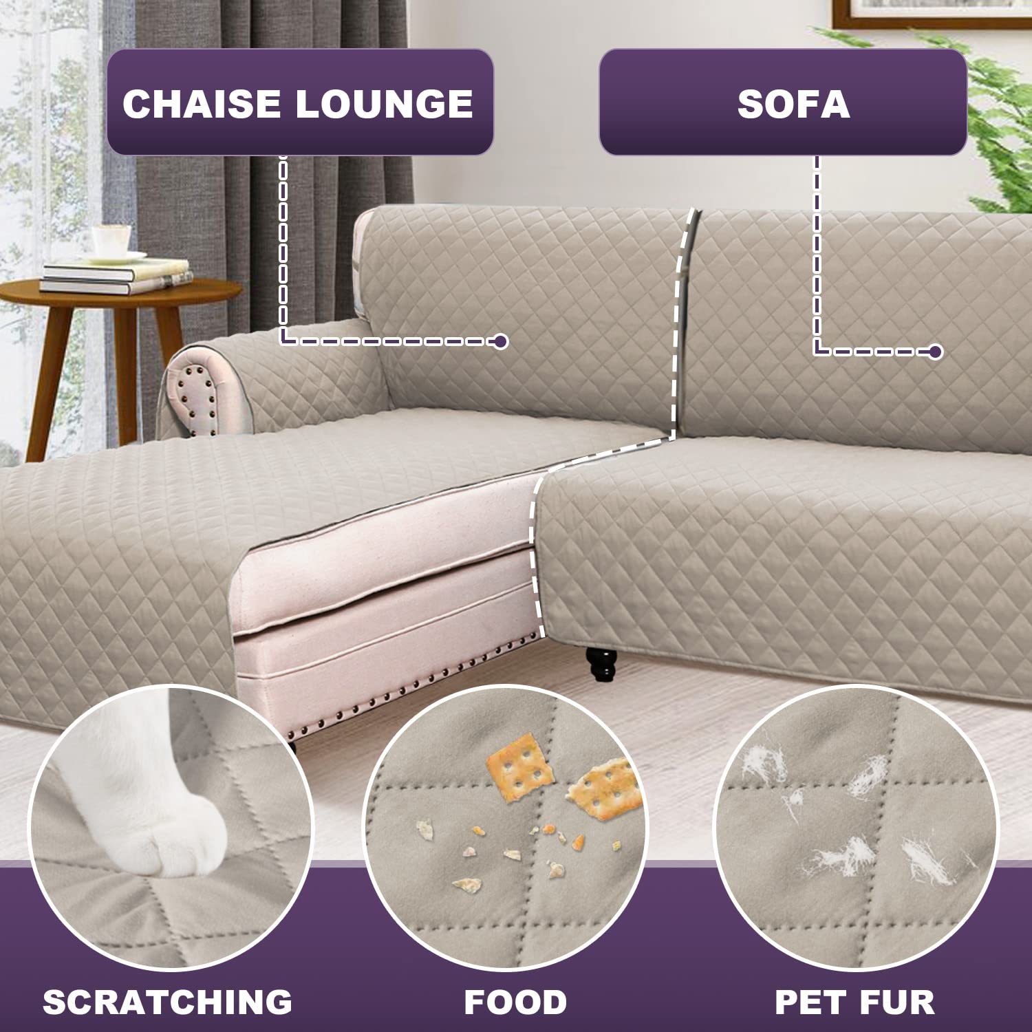 MEILLE MAISON L-Shaped Dog Sofa Cover - 2-Piece Reversible Waterproof Sectional Couch Protector with Chaise Lounge Cover & Straps - XL Khaki Pet Furniture Protector for Living Room, Bedroom, Family Room (LKL2PDLC9)