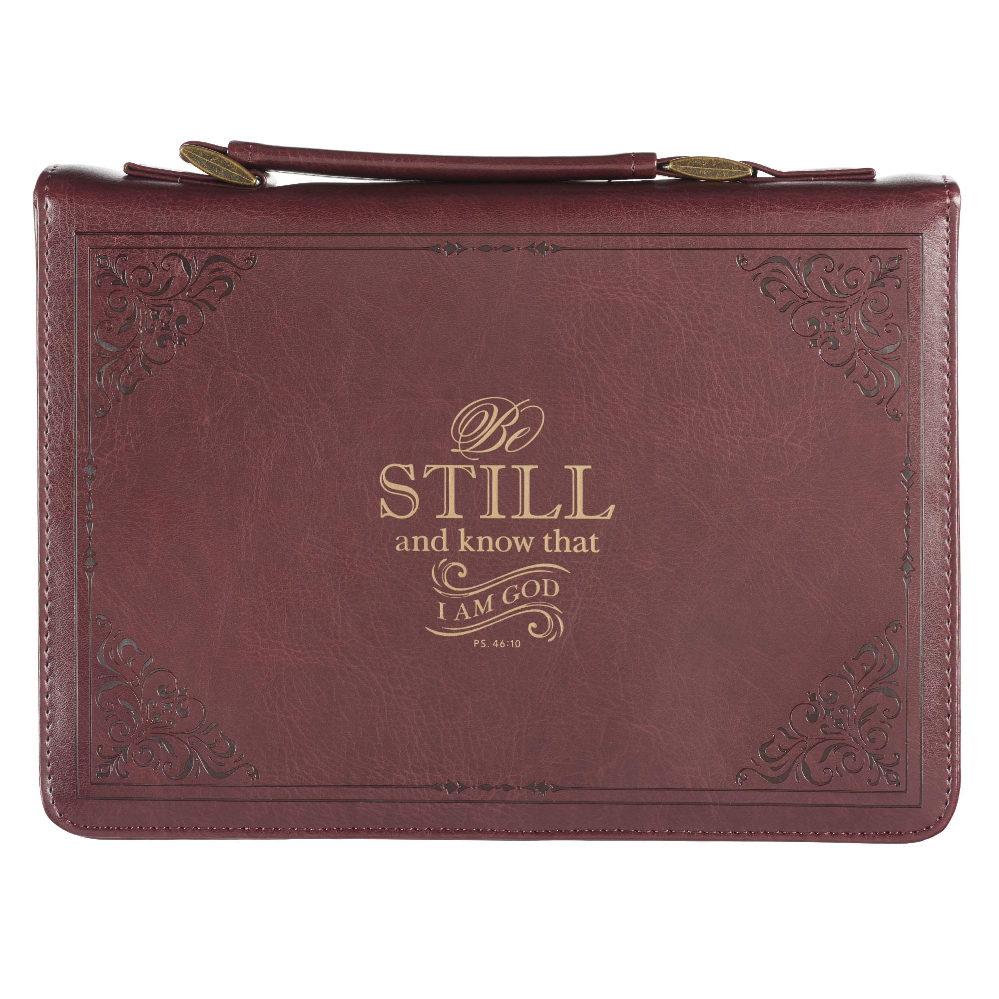 Men's Classic Bible Cover - Brown/Gold Faux Leather, Large (Psalm 46:10) for Church & Daily Devotion