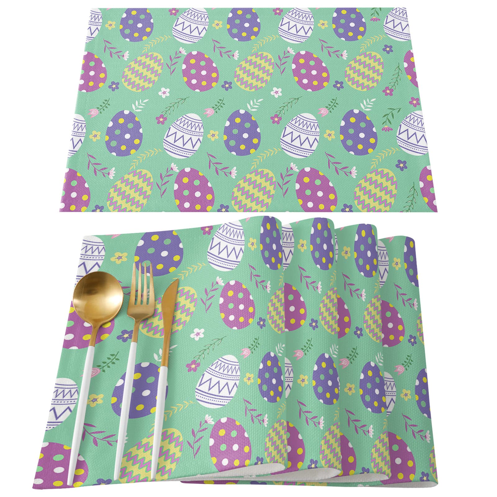Easter Eggs Placemats Set of 4 - Floral Polka Dot Spring Green Heat-Resistant Non-Slip Washable Linen Table Mats for Kitchen & Dining - Perfect for Easter Brunch, Spring Decor, and Holiday Gatherings