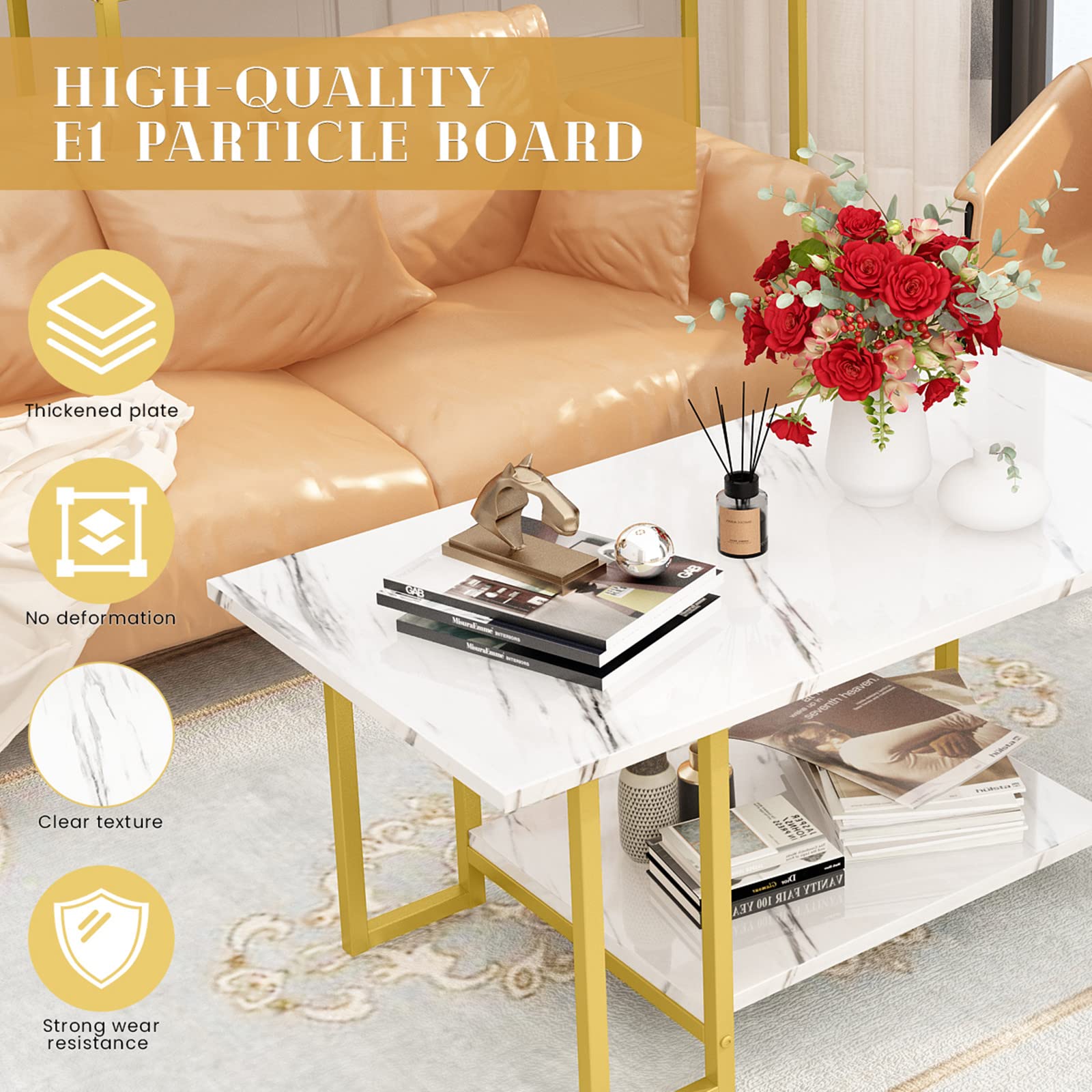 Mid-Century Modern Coffee Table Set of 3 - Faux Marble Top & Metal Frame Living Room Tables with Storage Shelves - Square End Tables for Bedroom, Office - Easy Assembly - Perfect for Small Spaces & Entertaining