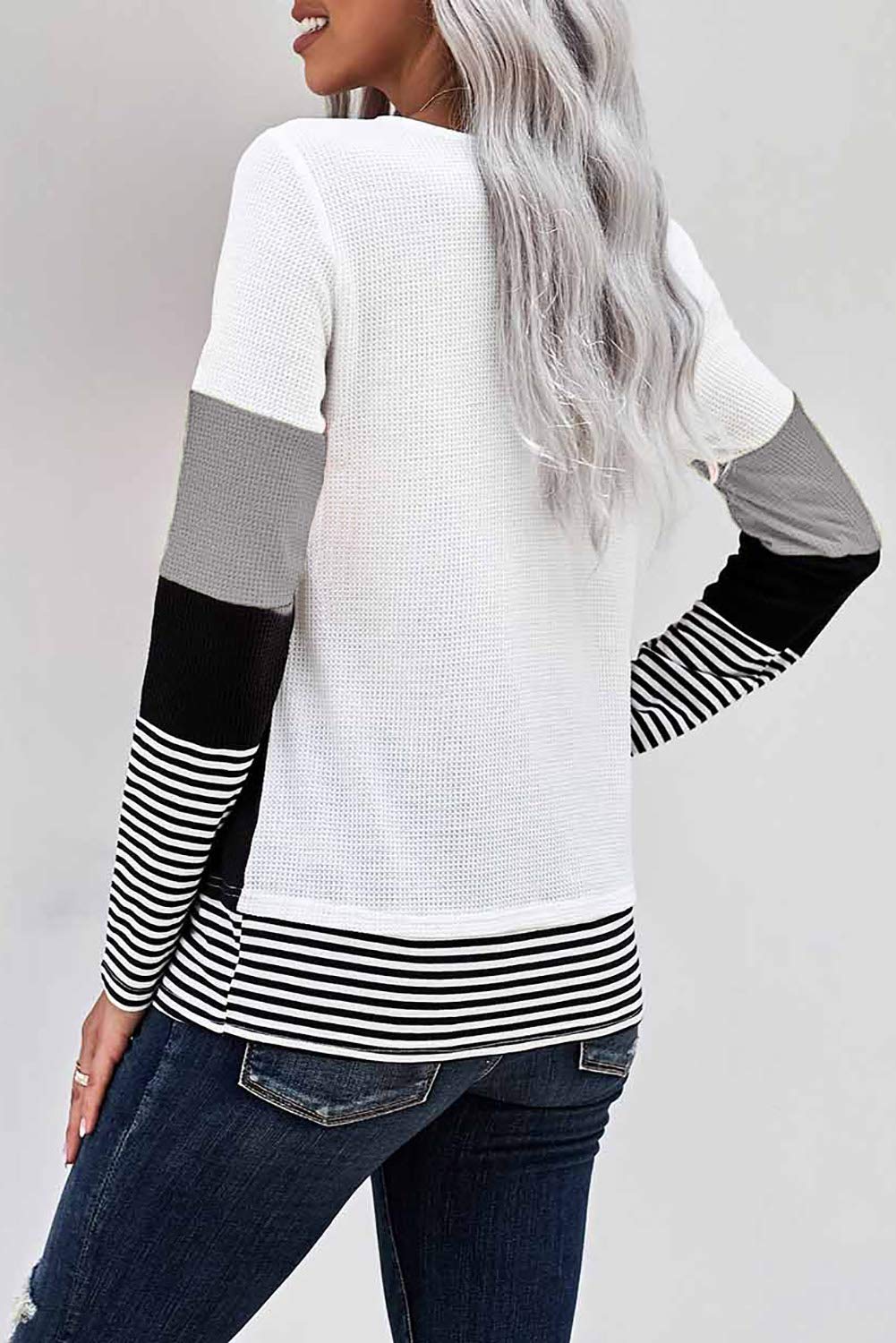 KINGFEN Women's Long Sleeve Color Block Striped T-Shirt | Crewneck Waffle Knit Sweater Top | Casual Fall & Winter Fashion for Work & Weekend Outings