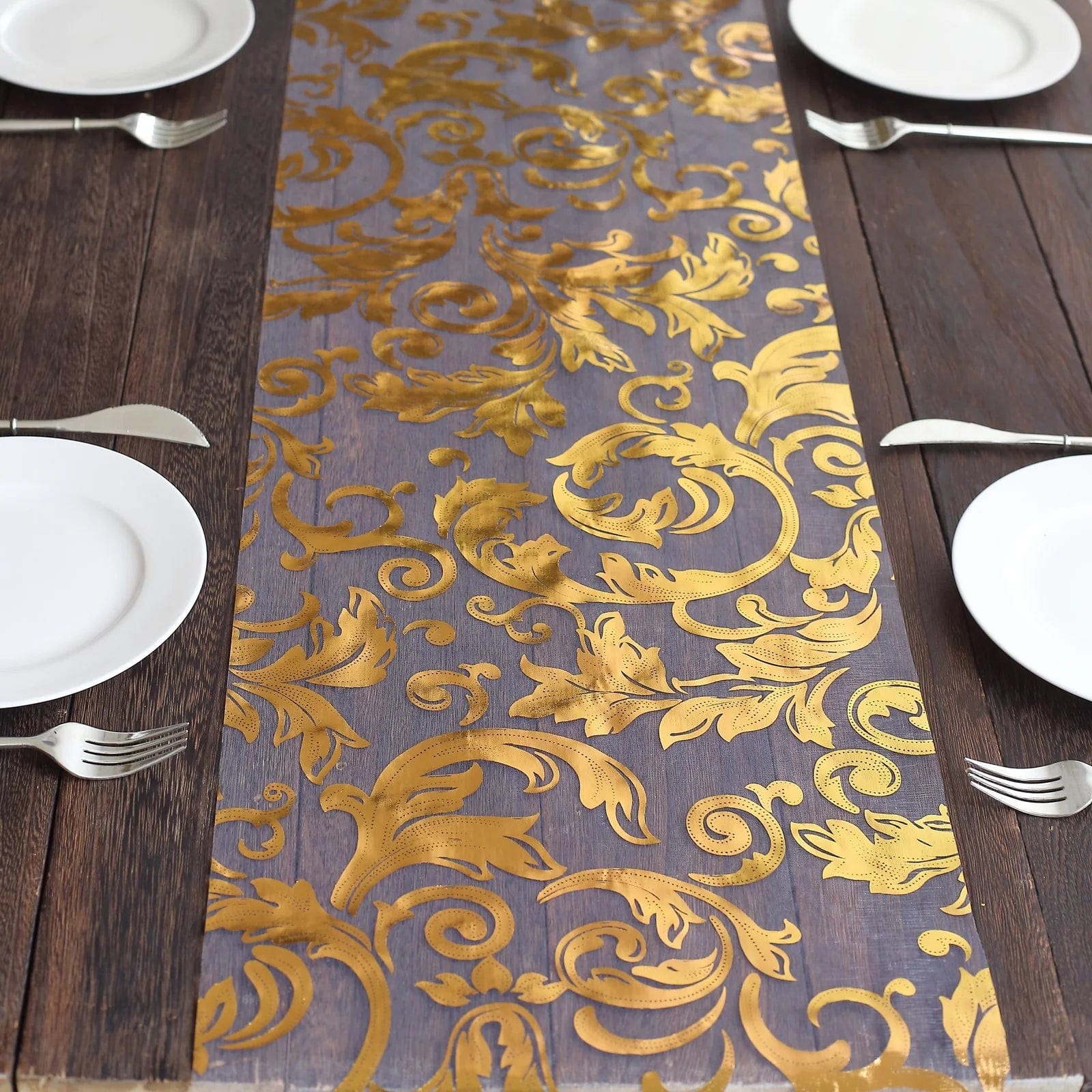 12-Pack 108-Inch Metallic Sheer Organza Table Runners with Elegant Swirl Floral Design - Perfect for Weddings, Parties, and Holiday Decorations