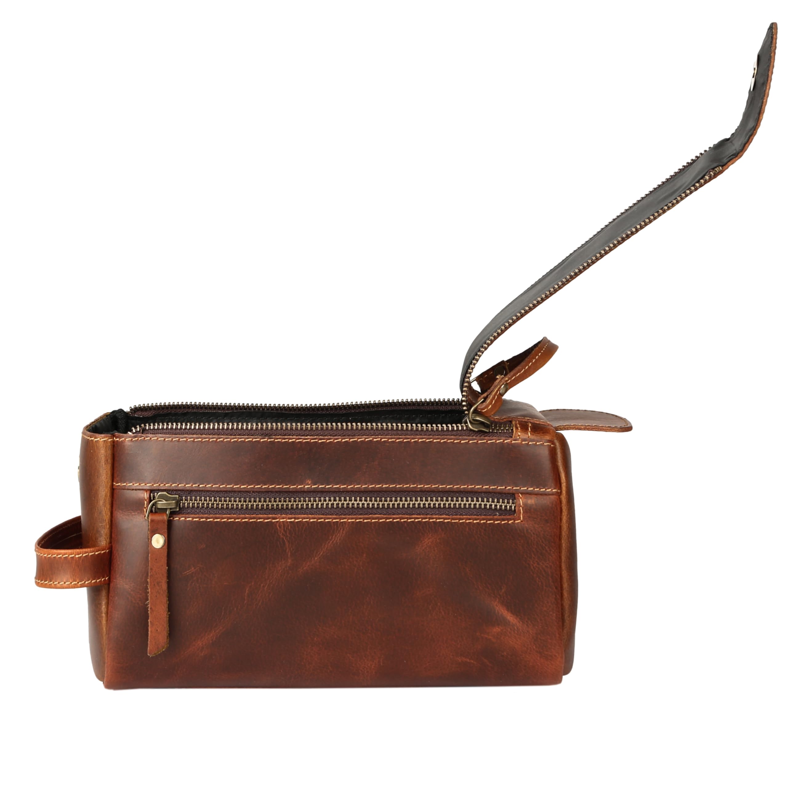 Premium Buffalo Leather Unisex Toiletry Bag - Travel Dopp Kit for Men & Women (Distressed Orange Tan) - Perfect for Camping, Gym & Business Trips