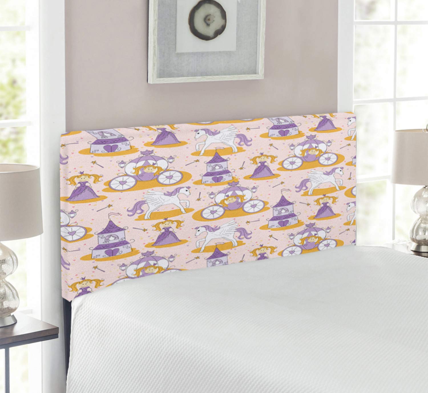 Magic Wand Little Pony Carriage Cartoon Castle Upholstered Twin Size Headboard - Decorative Metal Bed Frame with Memory Foam in Earth Yellow & Pale Pink - Perfect for Kids' Bedrooms, Nursery Decor and Fantasy Themed Rooms