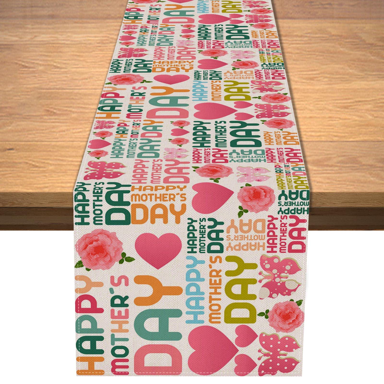 Vohado Pink Rose Butterfly Love Table Runner - Buffalo Plaid Linen Table Cover for Kitchen Dining Decor, Wedding, Holiday Party & Mother's Day Celebration - Perfect for Home Decor, Daily Use & Special Occasions