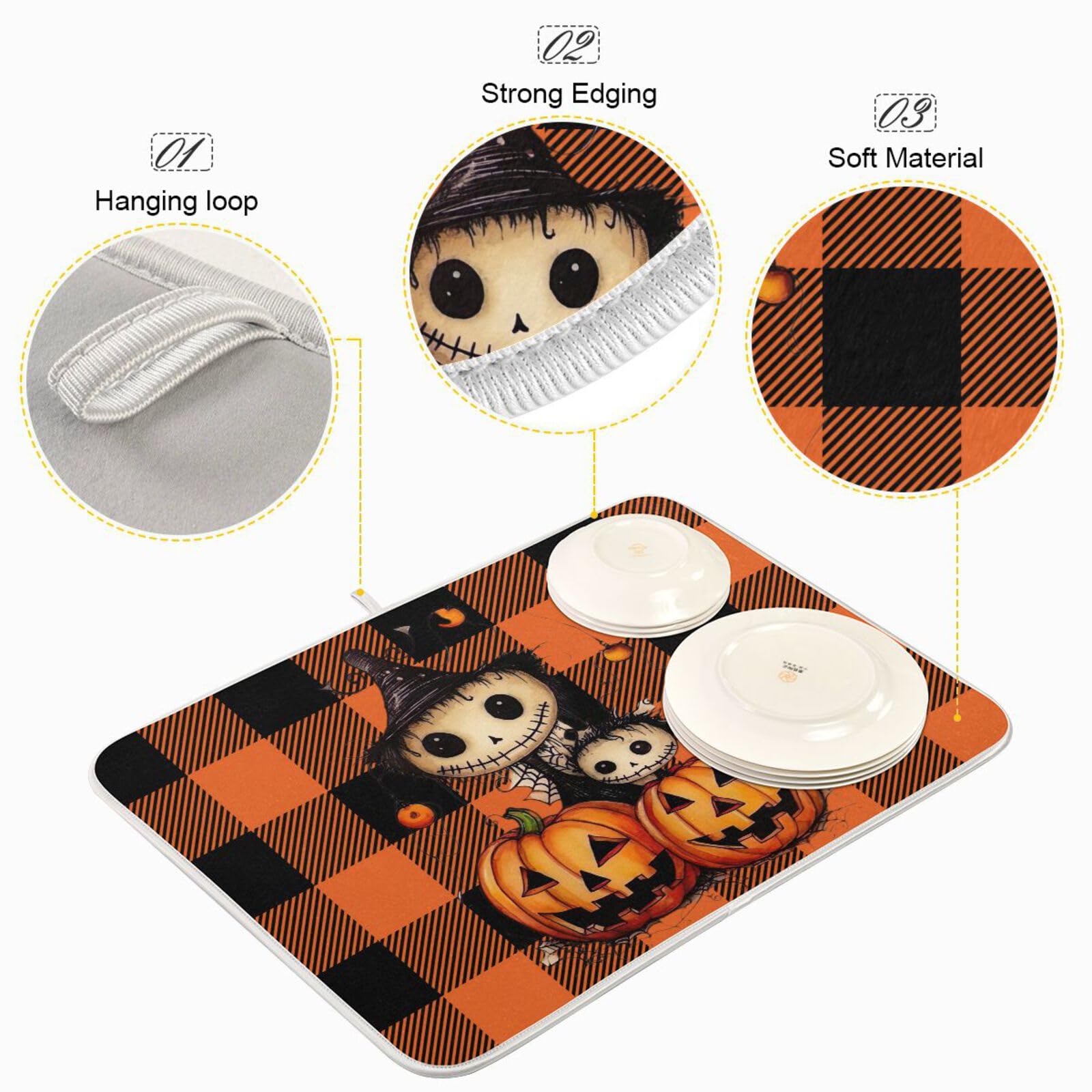 **Orange Plaid Halloween Pumpkin Dish Drying Mat – Absorbent Microfiber Kitchen Counter Protector (16