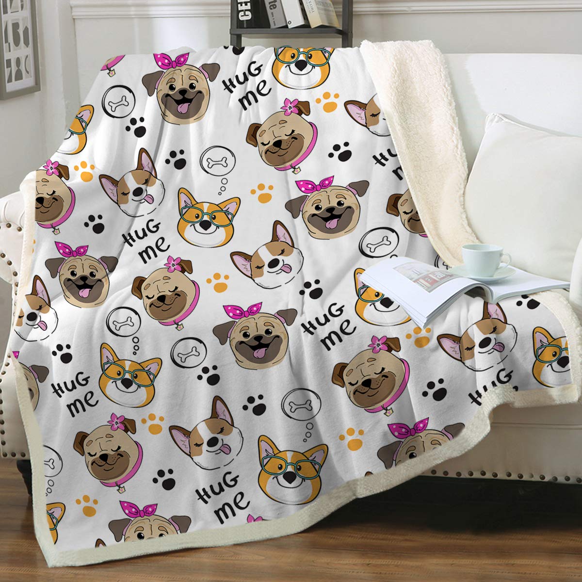 Sleepwish Cute Dog Heads Sherpa Fleece Blanket - Soft Animal Puppy Pug Printed Throw Blanket for Bed, Couch & Sofa (108