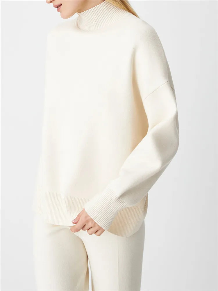 2024 Oversized Women's 2-Piece Knit Tracksuit Set - Half Turtleneck Sweater & Wide Leg Jogging Pants | Cozy Winter Outfit for Casual Wear, Lounge, and Street Style