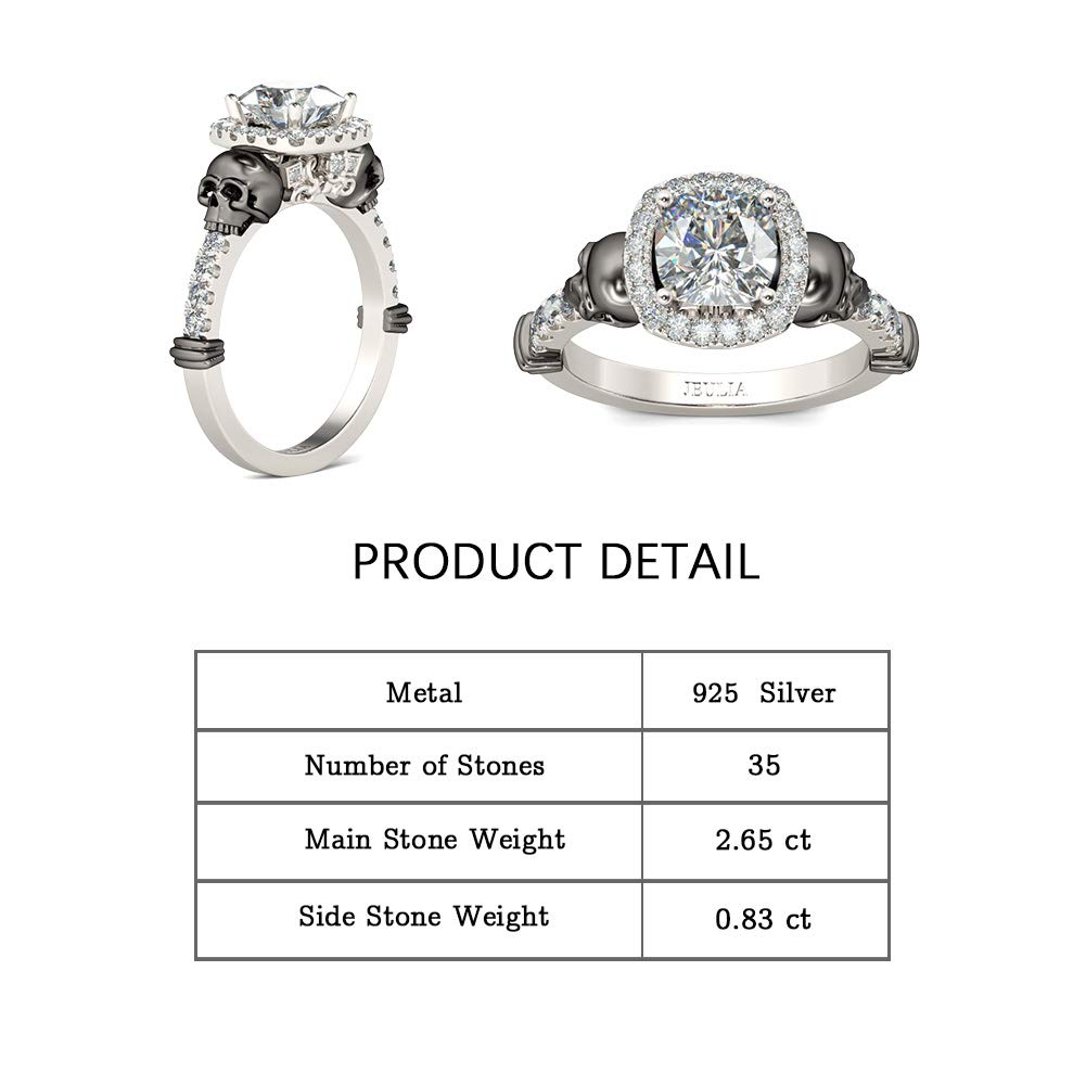Jeulia 3.4 Carat Cushion Cut Halo Skull Engagement Ring - 925 Sterling Silver Wedding Band, Anniversary & Promise Ring for Women - Romantic Jewelry Gift for Her - Perfect for Proposals, Weddings & Special Occasions