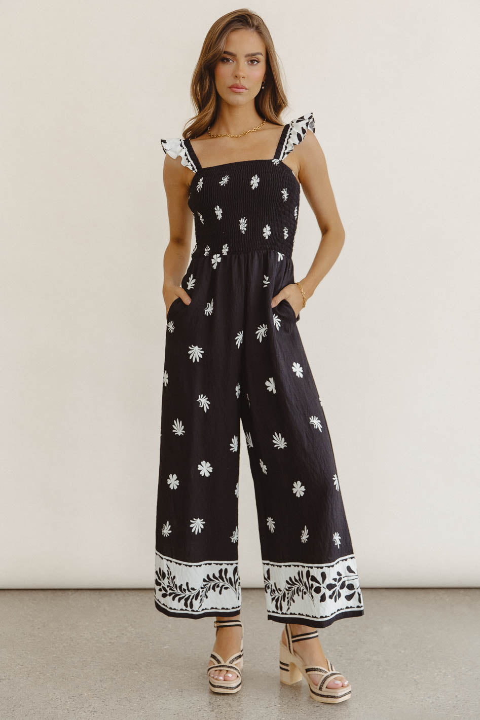 Krista Smocked Jumpsuit for Women - Floral Print Summer Romper with Puff Sleeves | Perfect for Beach Vacations, Brunch Dates & Outdoor Weddings