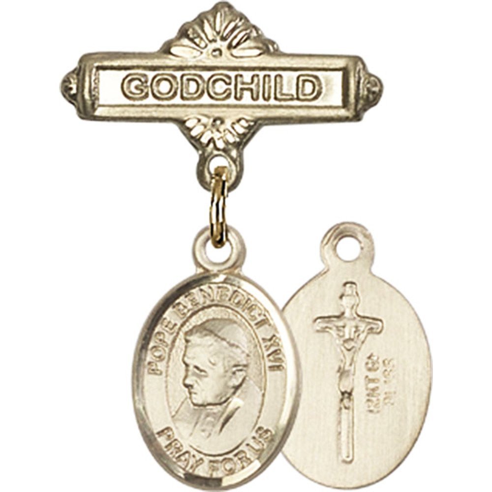 Gold Filled Baby Badge with Pope Benedict XVI Charm - 1 X 5/8 Inch Godchild Gift Pin for Baptism, Christening & First Communion - Religious Jewelry for Infants & Toddlers