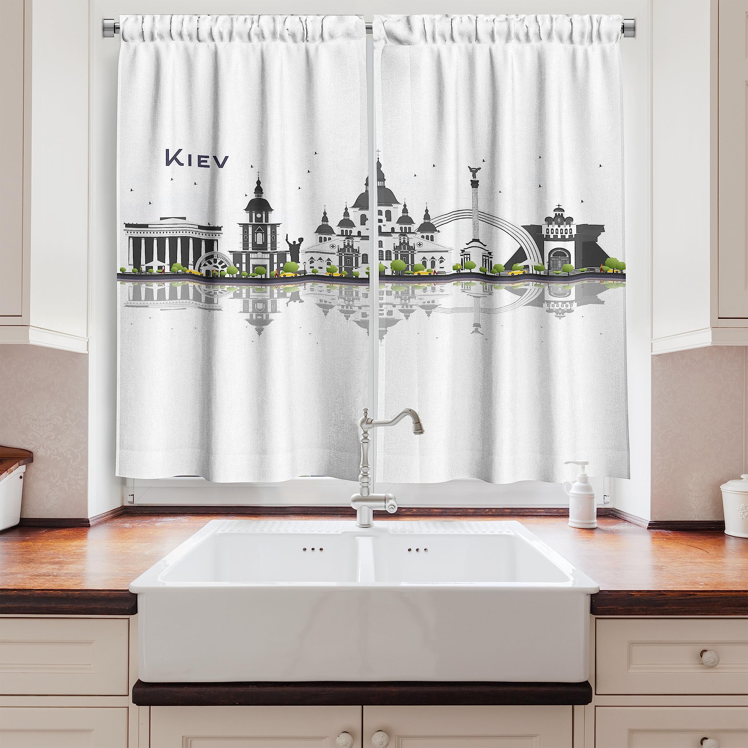 Ambesonne Travel Themed Kitchen Curtains - Modern Kiev Skyline with Iconic Landmarks & Water Reflections, 2 Panel Rod Pocket Drapes, 55x45 Inches, Dark Grey White Green - Perfect for Kitchen Windows, Dining Room & Travel Inspired Home Decor