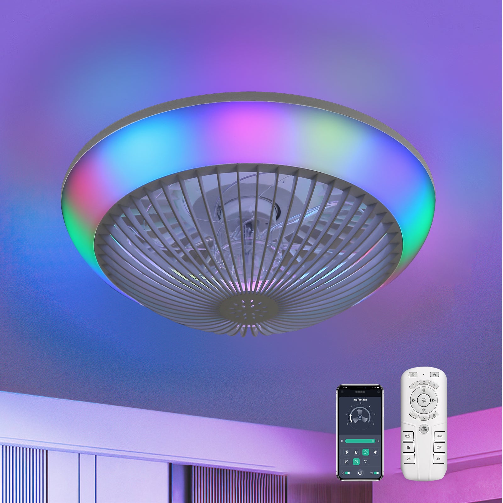 15 Inch RGB Dimmable LED Enclosed Ceiling Fan with Light - Modern Bladeless Design, 6 Speed Remote Control for Bedroom, Kids Room, Living Room & Party Decor | Energy Efficient Home Cooling Solution