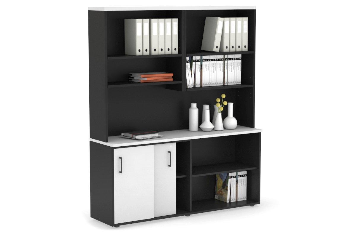Modern 2-Door Sliding Credenza with Open Storage Hutch - Stylish Home Office & Living Room Furniture for Organization & Display