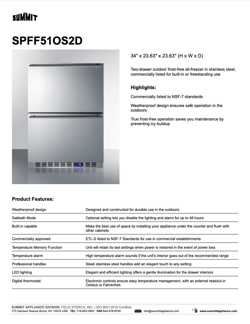 SUMMIT 24 Inch 2-Drawer Outdoor Freezer - Stainless Steel Commercial Freezer SPFF51OS2D for Patio, Backyard, RV & Camping