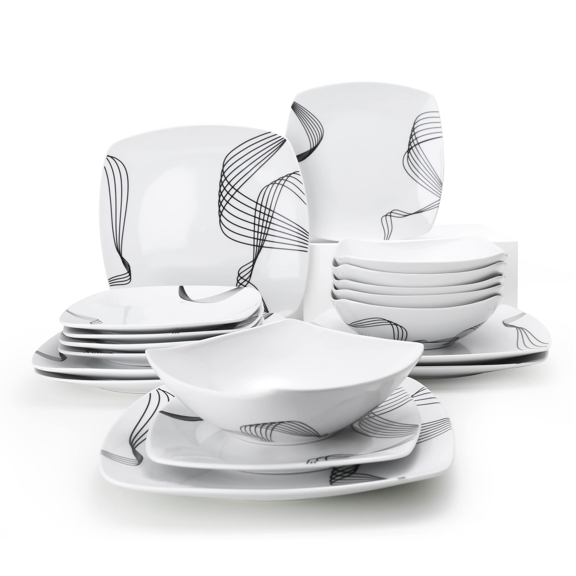 18-Piece Square Porcelain Dinnerware Set for 6 - Modern Ceramic Plates & Bowls - Dishwasher & Microwave Safe - Minimalist Line Spectrum Design - Perfect for Everyday Dining, Dinner Parties & Restaurant Use