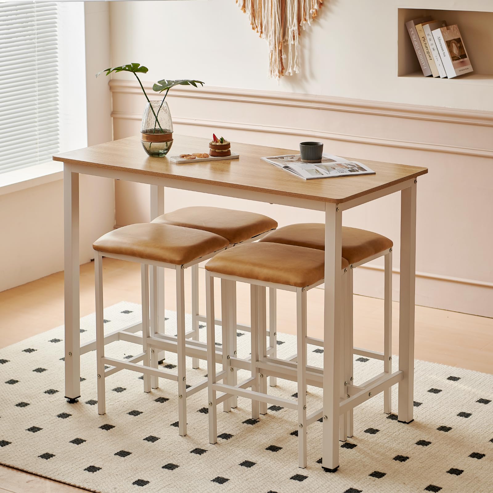 Buybyroom Oak Bar Table Set with 4 Upholstered Stools - Kitchen & Dining Counter Height Table for Small Spaces - Perfect for Breakfast Nook, Apartment Living Room & Compact Dining Areas