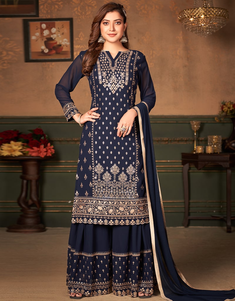 Elegant Blue Faux Georgette Sharara Suit for Women - Perfect for Weddings, Parties & Festive Occasions