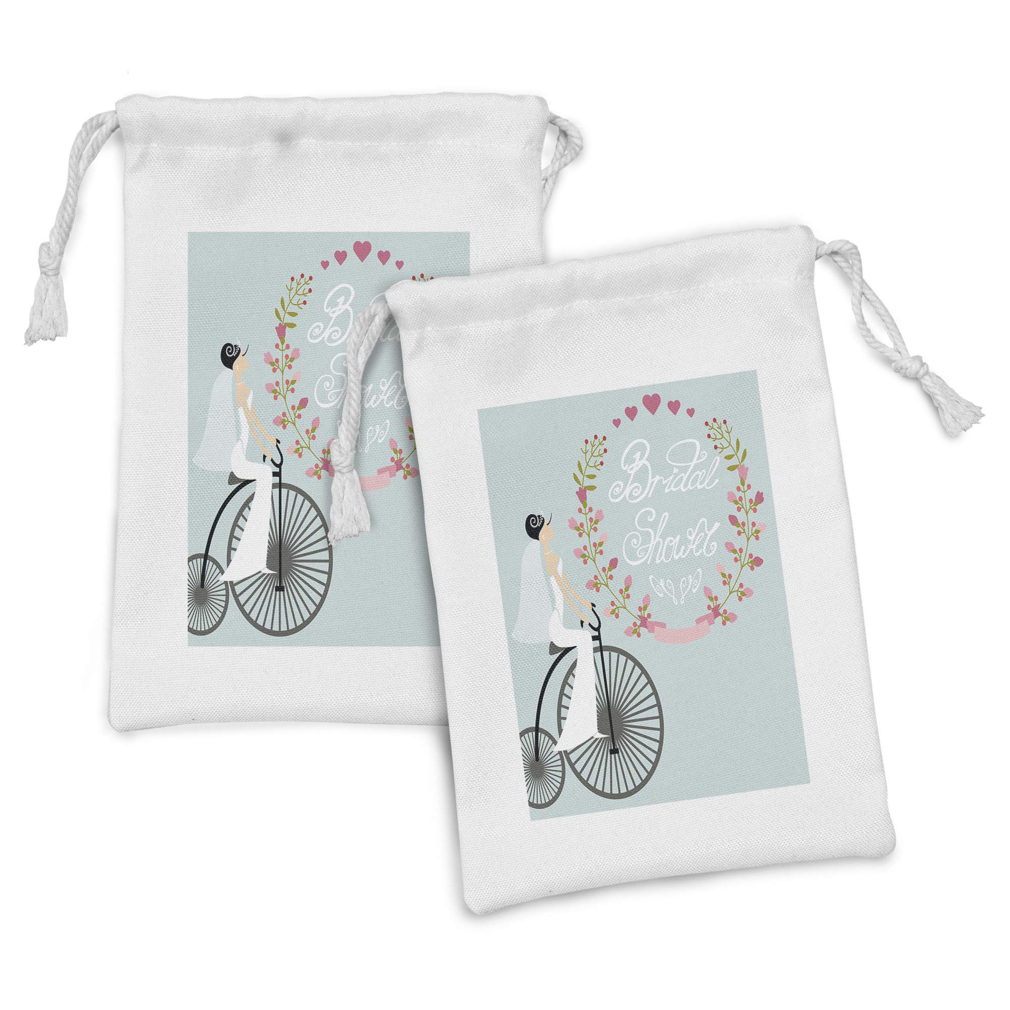 Ambesonne 2-Piece Bridal Shower Fabric Pouch Set - Wedding Dress Bicycle Floral Design Drawstring Bags (9