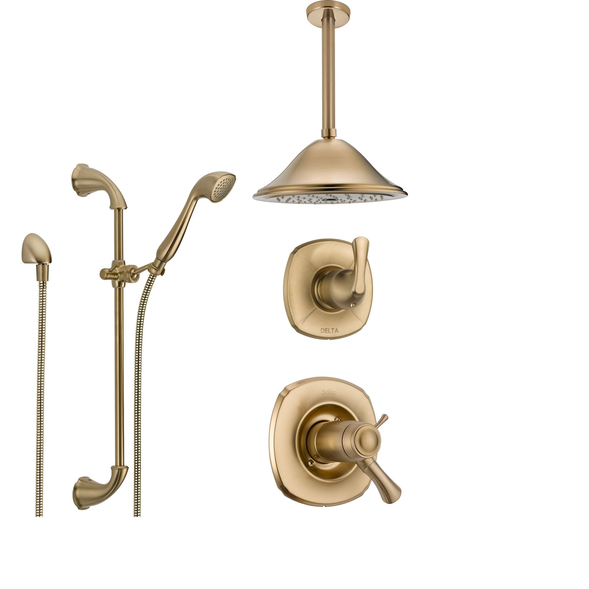 Delta Addison Champagne Bronze Thermostatic Shower System with 3-Setting Diverter, Large Ceiling Mount Rain Showerhead & Handheld Shower SS17T9281CZ - Perfect for Luxury Bathroom Renovations & Spa-Like Shower Experience