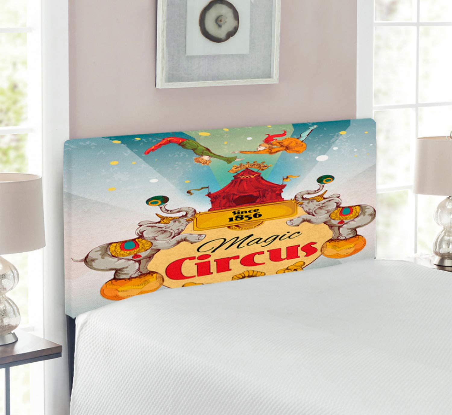 Ambesonne Vintage Circus Tent Headboard - Twin Size Upholstered Metal Bed Frame with Memory Foam, Acrobat Performance Design, Multicolor | Perfect for Kids' Bedroom, Circus-Themed Decor & Unique Home Accent