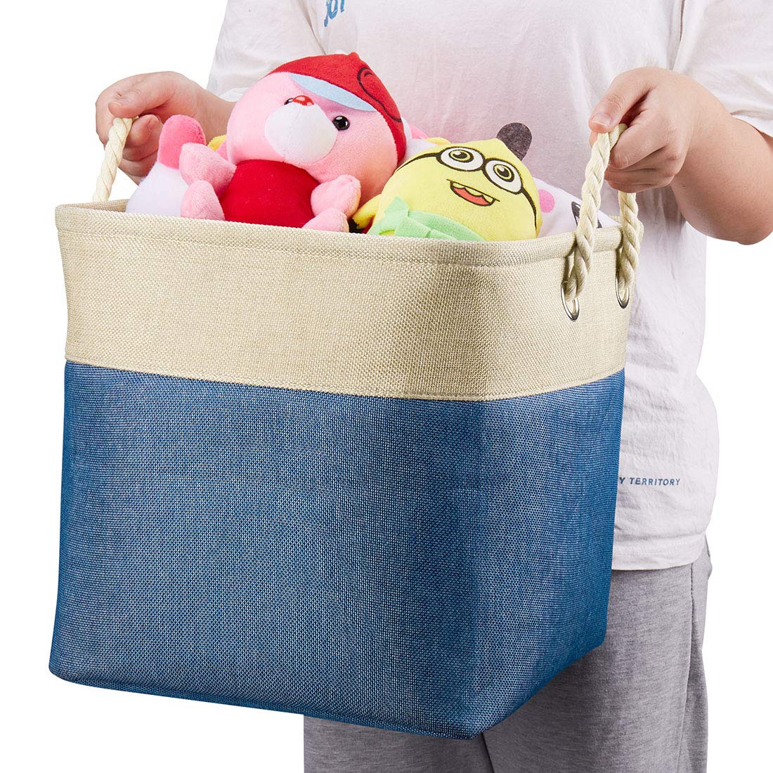 i BKGOO 3-Pack Large Foldable Storage Bins | Collapsible Fabric Organizer Baskets with Cotton Handles | 13×13×13 Inch for Home, Office, Shelf, Clothes & Toys (Khaki-Blue) | Perfect for Closet Organization, Kids Room Storage & Space Saving Solutions