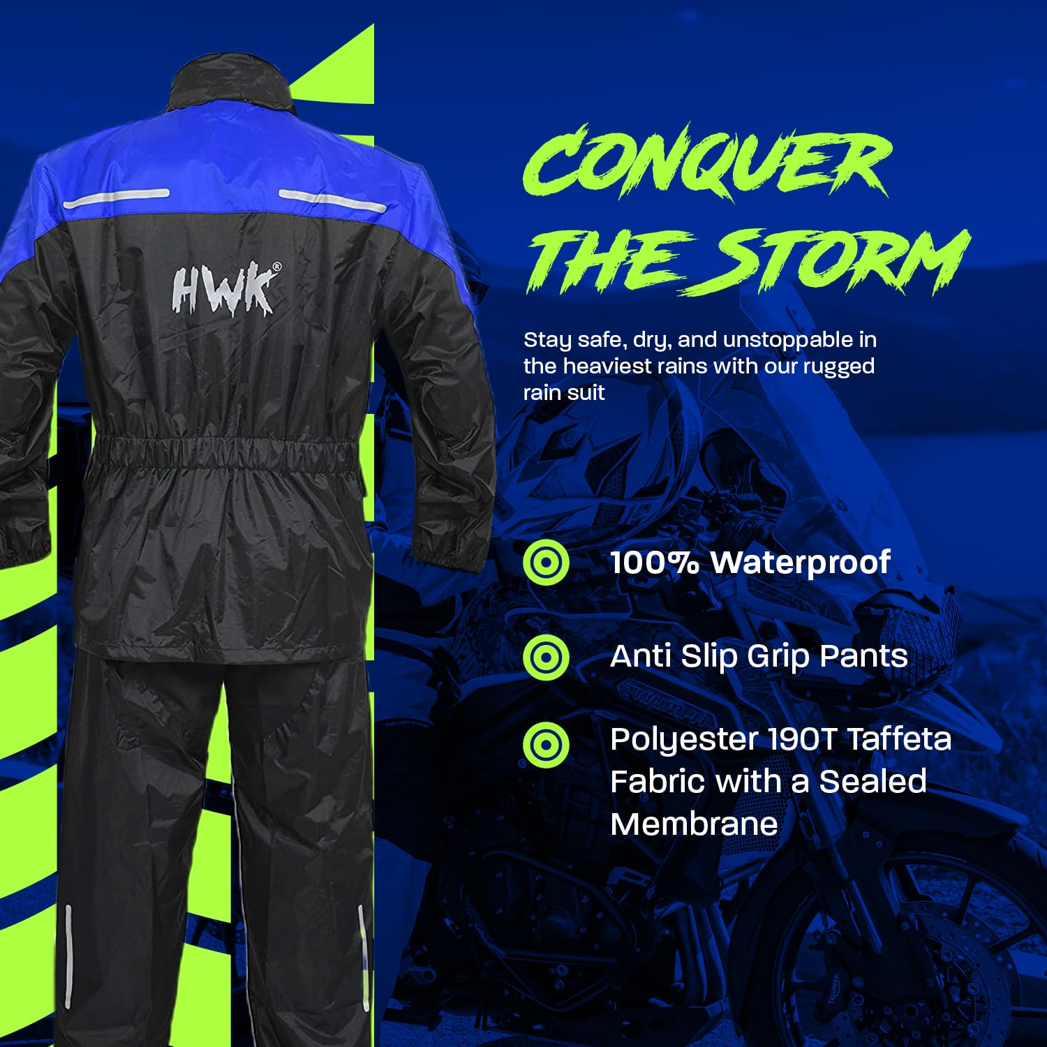 HWK Motorcycle Rain Suit for Men & Women - Waterproof 2-Piece Riding Gear with Reflective Jacket & Pants | All-Season Weather Protection for Commuting, Touring & Adventure Riding | Blue, X-Large
