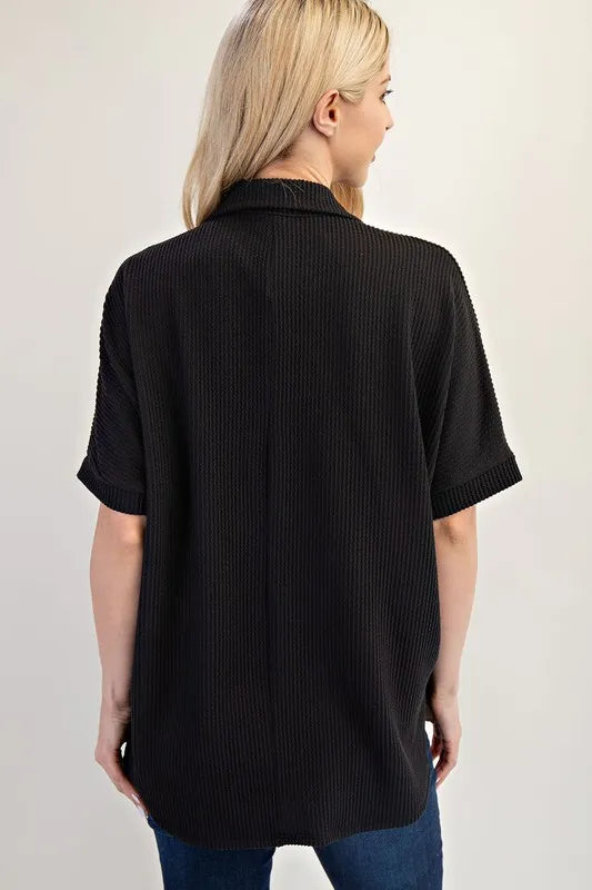 Celeste Plus Size Full-Length Rib Knit Collared Top with Striped Pockets - Black & White Stripes | Casual Office Wear & Weekend Outfits