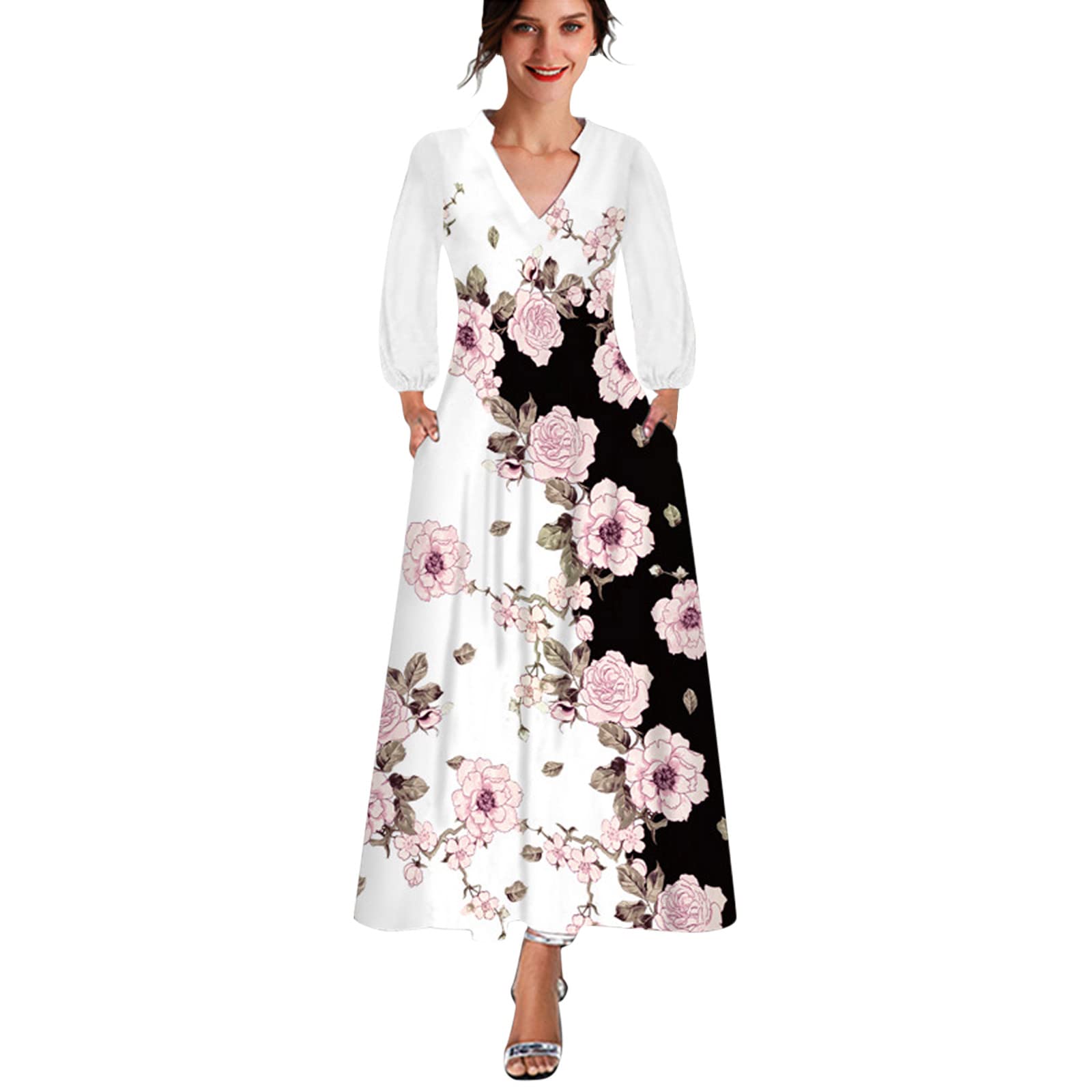 Women's Casual Long Sleeve Floral Print V-Neck Maxi Dress - Boho Beach Sundress & Wedding Guest Dress for Summer Vacations, Parties & Outdoor Events