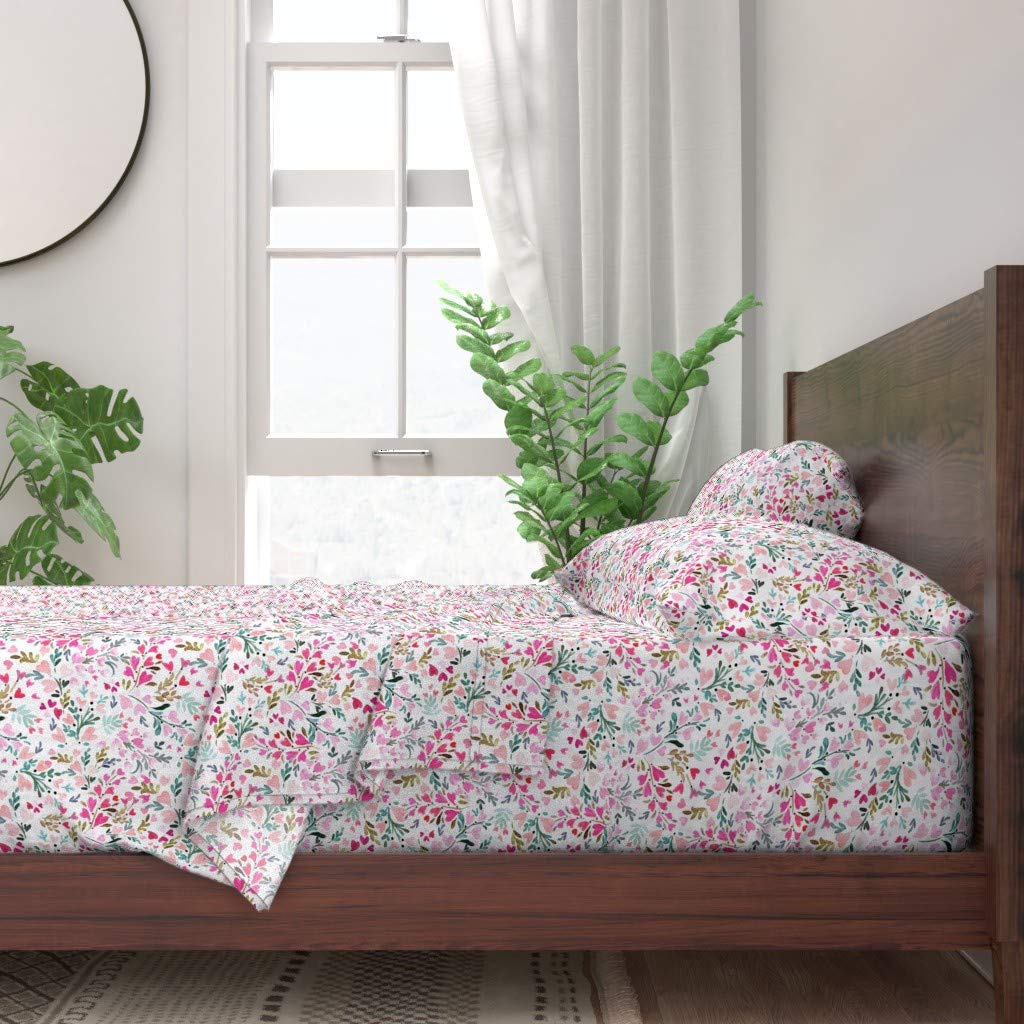 100% Cotton Queen 4-Piece Sheet Set | Heart Floral White Flower Print | Valentine's Day Nursery Decor | Custom Bedding for Girls Room & Romantic Bedroom