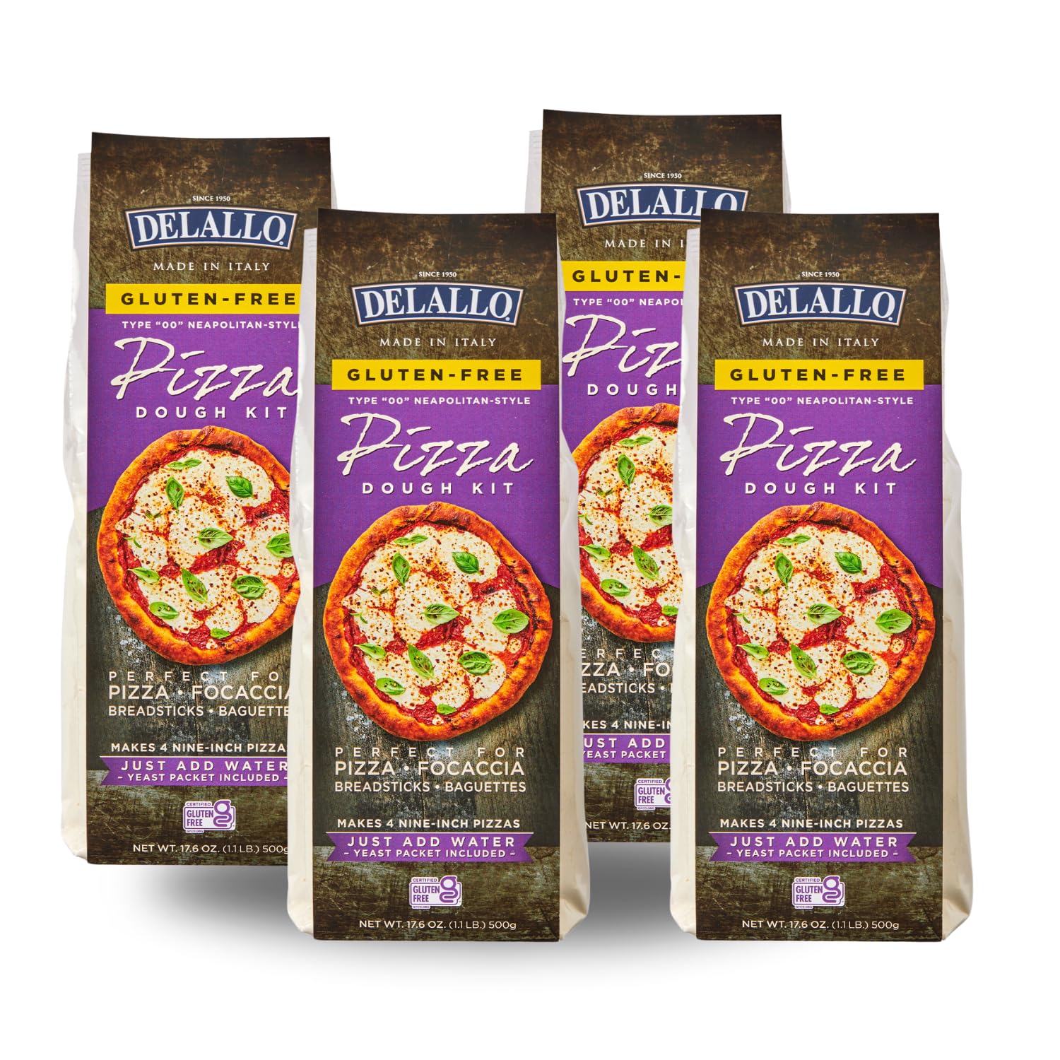 DeLallo Gluten Free Pizza Flour Kit - 17oz (4 Pack) | All Purpose Vegan Pizza Dough Mix for Baking Crust, Bread & Calzones | Dairy Free, All Natural | Perfect for Homemade Pizza Night & Italian Cooking