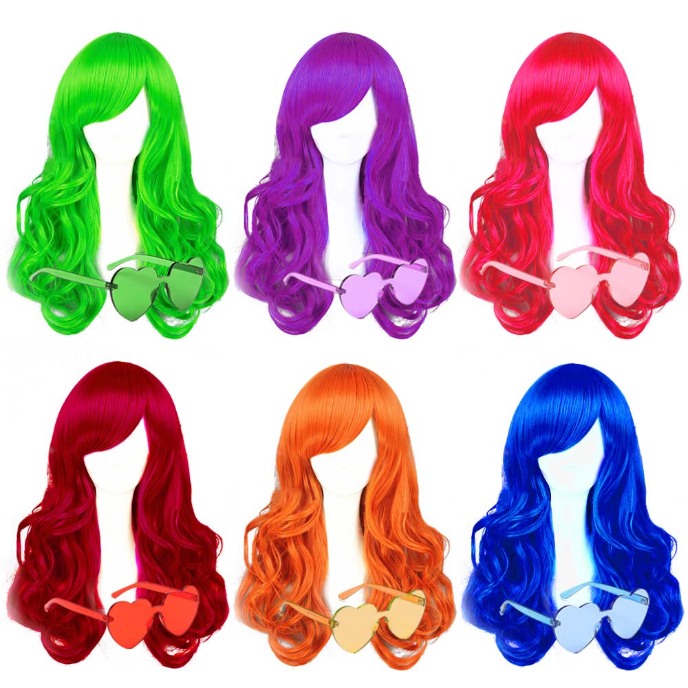 6 Pack Long Wavy Neon Party Wigs for Women - Curly Colorful Wigs with Bonus Neon Glasses (Blue, Green, Orange, Purple, Pink, Wine Red) | Bachelorette Party Favors, Halloween Costume Accessories, Cosplay & Themed Events