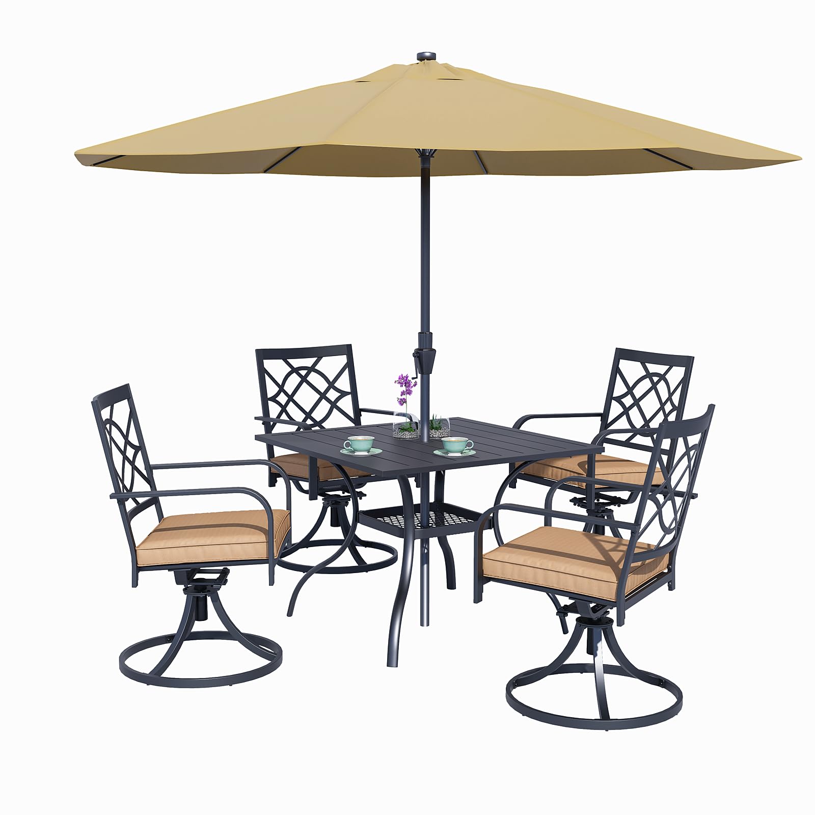 SUNCROWN 5-Piece Outdoor Dining Set with Swivel Cushioned Chairs, Steel Slat Bistro Table & 9Ft Brown Patio Umbrella - Patio Furniture for Backyard, Garden, Lawn, Poolside & Outdoor Entertaining