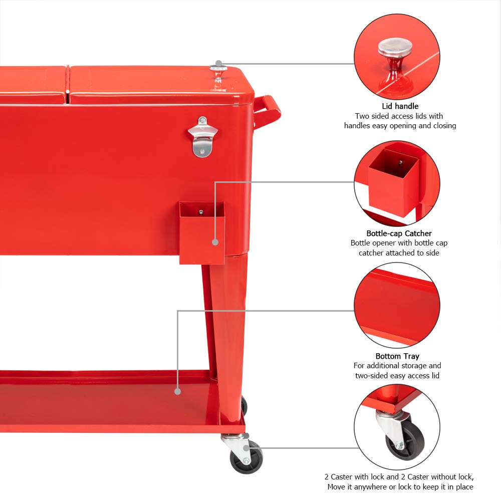 VINGLI 80 Quart Rolling Cooler with Wheels - Portable Outdoor Party Drink Cooler Cart with Shelf, Bottle Opener & Water Pipe - Perfect for Beach, Camping, Tailgating and Backyard BBQs