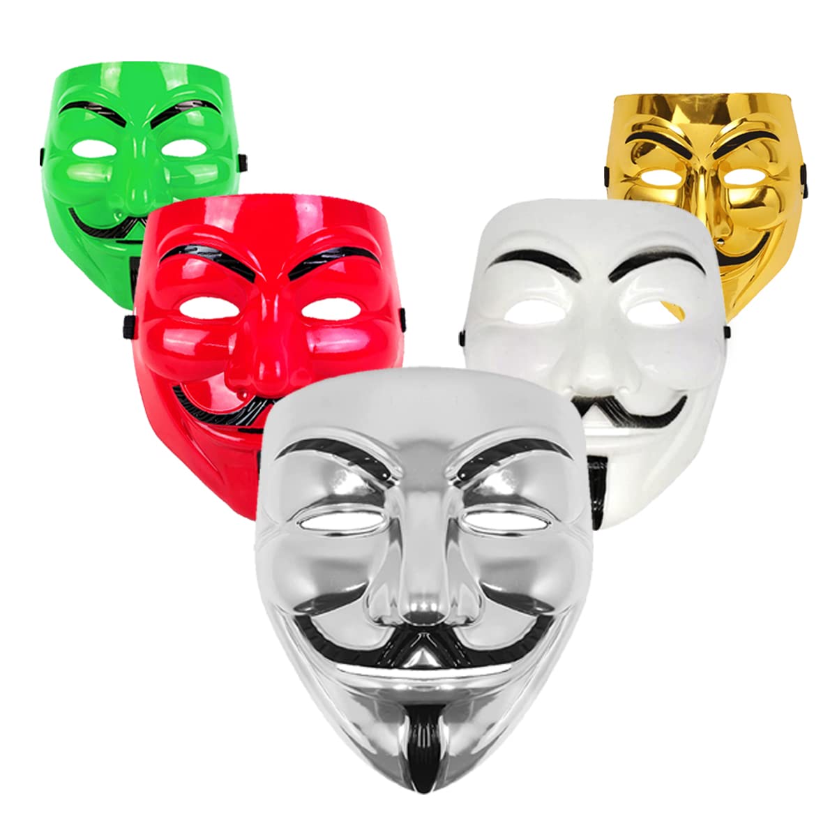 V for Vendetta Face Mask Set of 5 - Golden, Silver, White, Red & Green Anonymous Guy Fawkes Masks | Perfect Fit Cosplay, Halloween Costume, Protest Accessory & Movie Reenactment