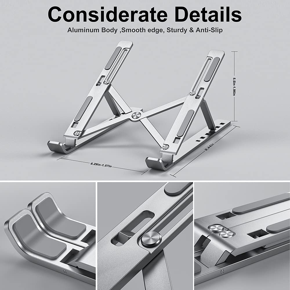 Portable Aluminum Foldable Laptop Stand - Adjustable Notebook Base Holder for Ergonomic Computer Support, Black - Ideal for Home, Office, and Travel Use