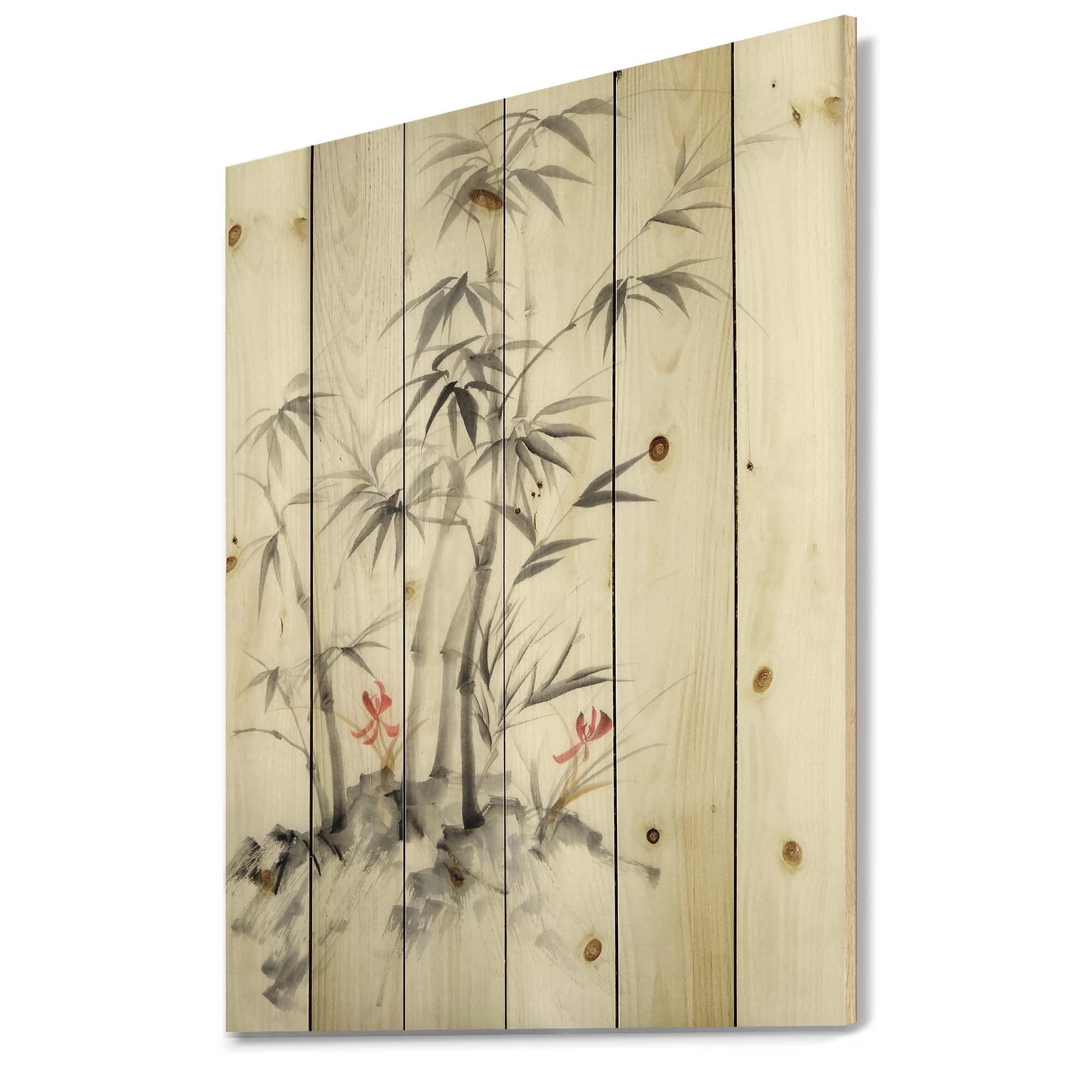 DesignQ Vintage Monochrome Bamboo III Traditional Wood Wall Decor - Grey Floral Wall Art Panel Printed on Natural Pine Wood - Perfect for Living Room, Bedroom & Office Decor